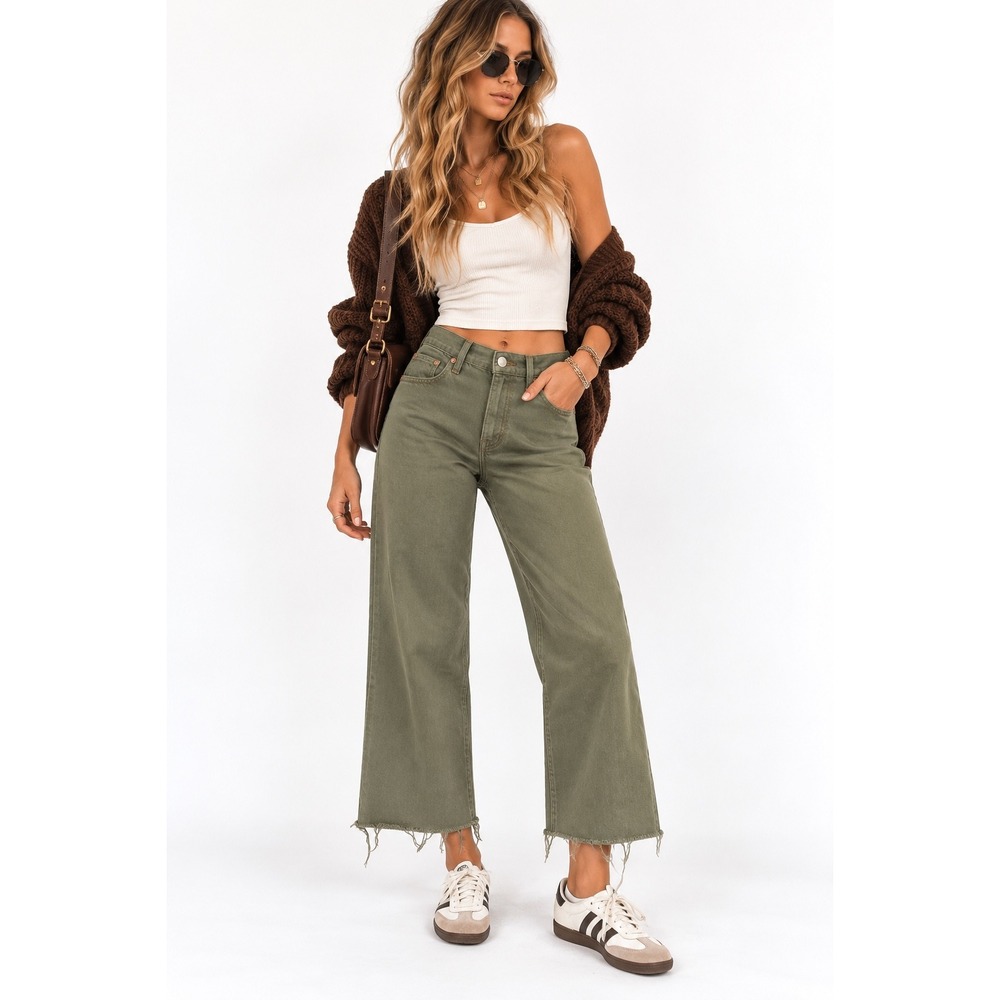 7 For All Mankind Wide Leg Jeans Womens 26 Olive Green Raw Hem High Rise